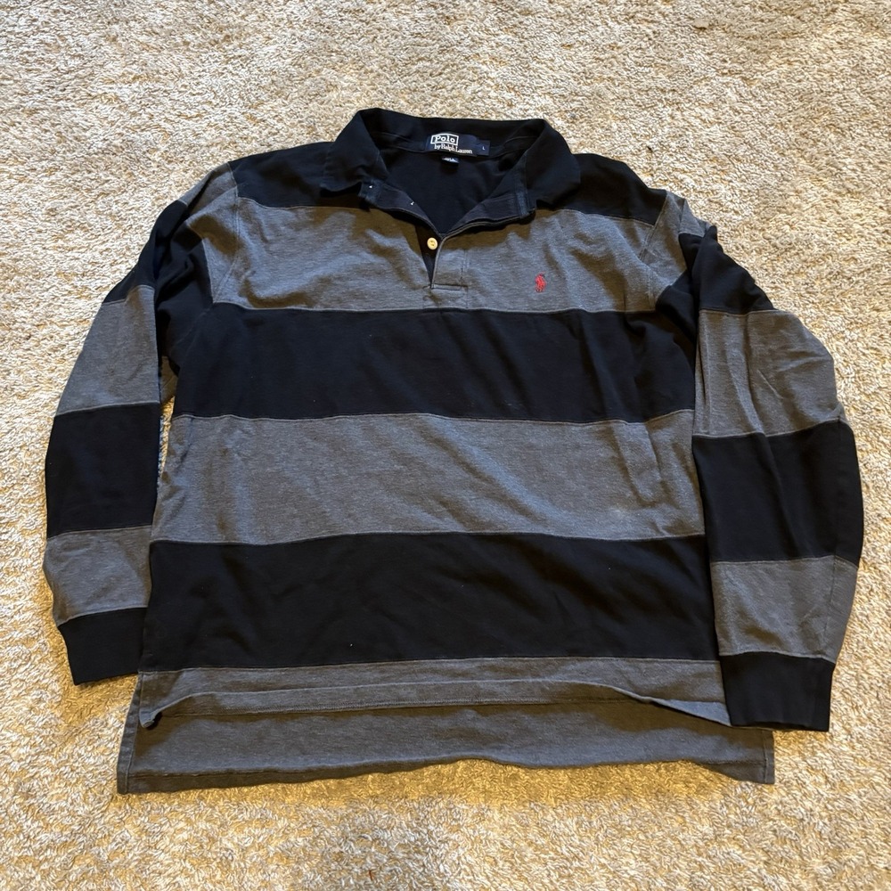 Polo Ralph Lauren Gray Black Rugby Shirt Men's Large Preppy Striped